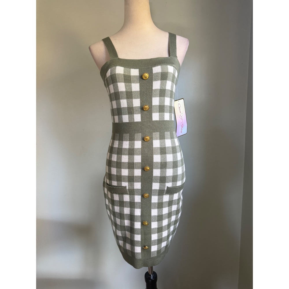 Coco and Shay Olive Green Gingham Knit Bodycon Dress Gold Buttons  M NWT dainty